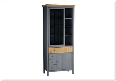 Шкаф Сканди для посуды 1113СТЧ стеклянная и глухая двери серый 7046/антик